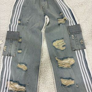Distressed Gray Jeans with Side Stripes